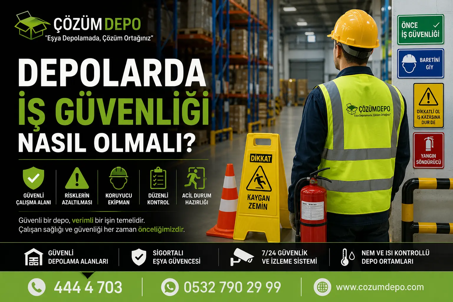 Depolarda iş güvenliği nasıl olmalı konusunu anlatan, Çözüm Depo logolu güvenli depo alanı ve koruyucu ekipman görseli.