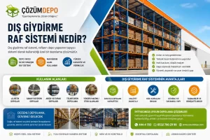 Dış Giydirme Raf Sistemi Nedir? Çözüm Depo logosu ile hazırlanmış dış giydirme raf sistemi görseli; depo raf sistemleri, alan kullanımı, yüksek kapasite, lojistik depolar ve güvenli depolama çözümleri anlatılmaktadır.