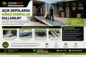 Açık Depolarda Hangi Rampalar Kullanılır? Çözüm Depo logosu ile hazırlanmış açık depolarda kullanılan rampa türleri görseli; sabit yükleme rampaları, mobil yükleme rampaları, hidrolik rampalar ve araç yükleme rampaları anlatılmaktadır.