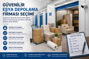 En iyi eşya depolama firmaları seçimi için güvenlik, sigorta ve oda sistemi kriterlerini anlatan görsel