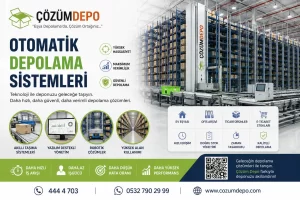 Otomatik Depolama Sistemleri Otomatik depolama sistemleri için Çözüm Depo logolu, robotik raf sistemi ve modern depo teknolojilerini gösteren profesyonel görsel.