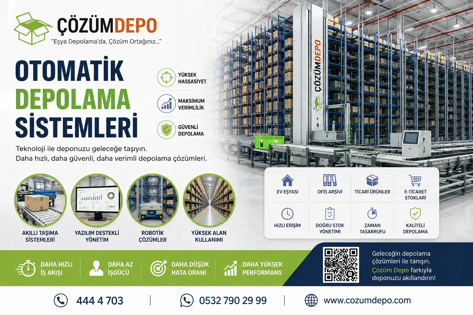 Otomatik depolama sistemleri için Çözüm Depo logolu, robotik raf sistemi ve modern depo teknolojilerini gösteren profesyonel görsel.