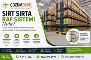 Sırt Sırta Raf Sistemi Nedir? Sırt sırta raf sistemi nedir konusunu anlatan, Çözüm Depo logolu modern depo raf sistemi ve paletli ürün depolama görseli.