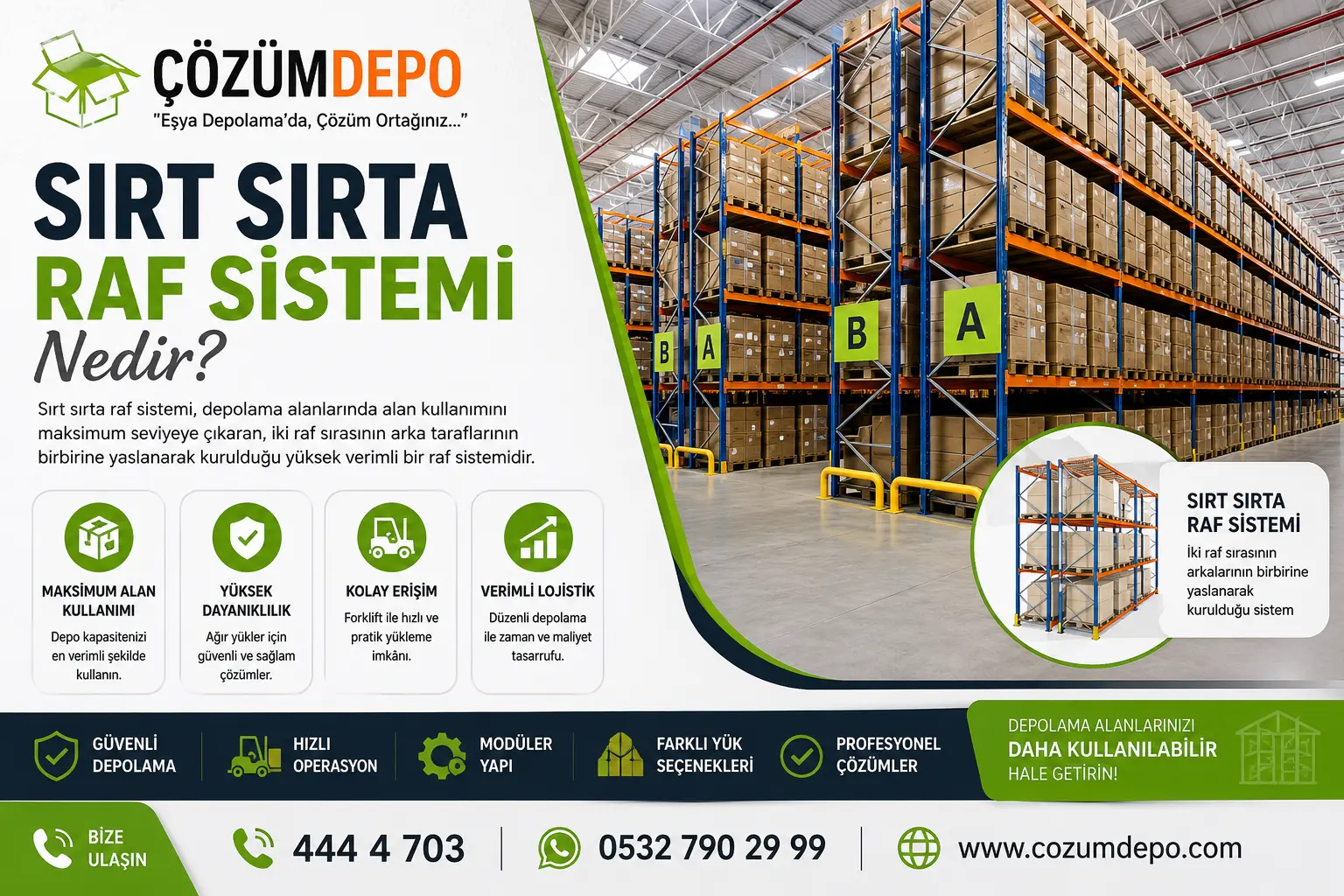 Sırt sırta raf sistemi nedir konusunu anlatan, Çözüm Depo logolu modern depo raf sistemi ve paletli ürün depolama görseli.