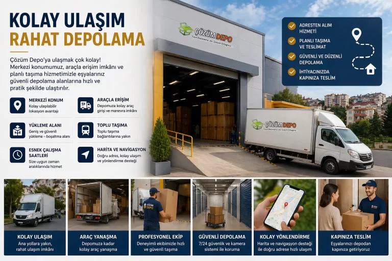 Eşya Depolama Çözüm Depo kolay ulaşım ve depo erişimi hizmeti için araçla eşya teslimi, adresten alım, yükleme alanı ve planlı depolama süreci
