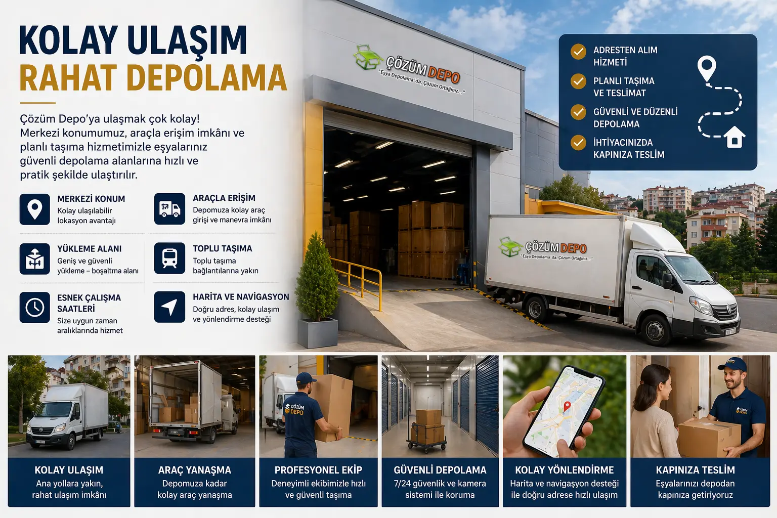Çözüm Depo kolay ulaşım ve depo erişimi hizmeti için araçla eşya teslimi, adresten alım, yükleme alanı ve planlı depolama süreci