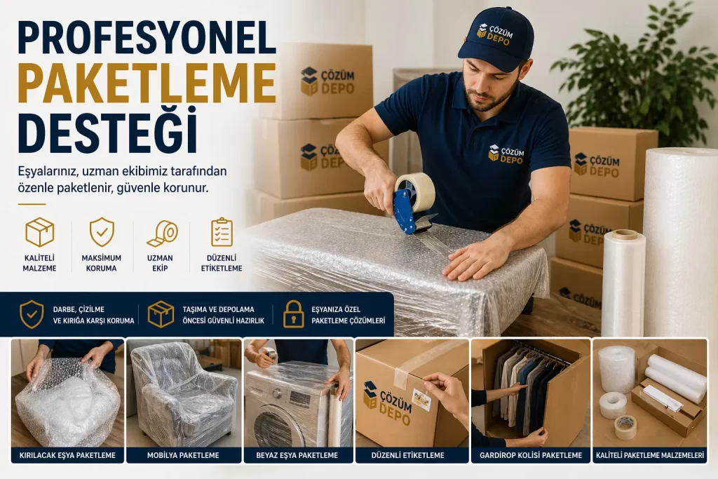 Çözüm Depo profesyonel paketleme desteği ile mobilya, beyaz eşya, kırılacak eşya ve kolilerin taşıma ve depolama öncesi güvenli şekilde paketlenmesi