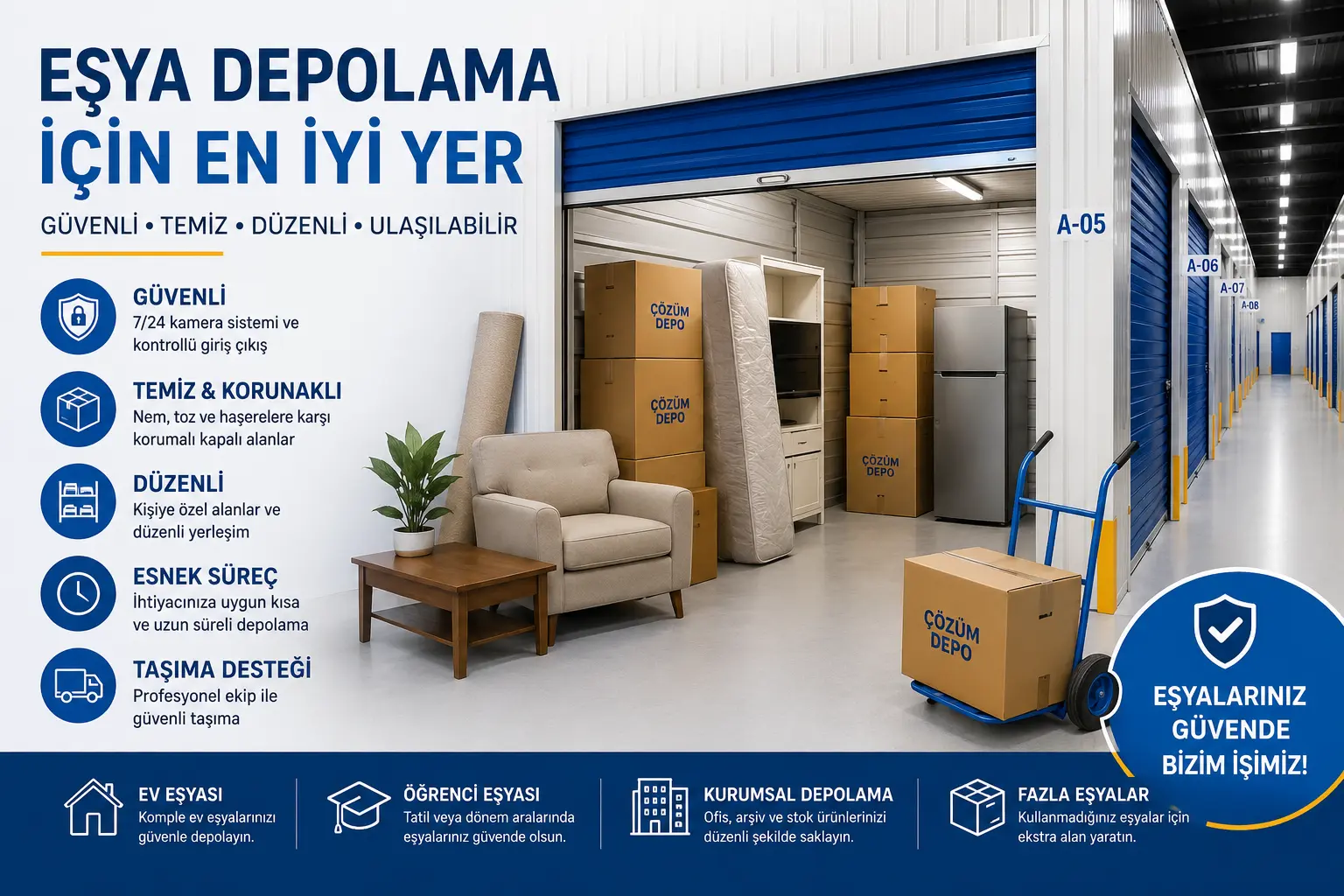 Eşya Depolama İçin En İyi Yer Neresi arayanlara özel güvenli, temiz, düzenli ve oda sistemli Çözüm Depo depolama alanı görseli.