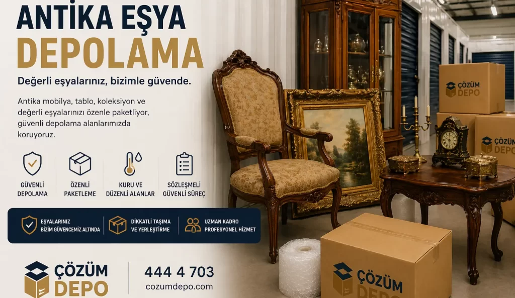 Antika eşya depolama hizmeti için güvenli depoda korunan antika mobilya, tablo, ayna ve koleksiyon eşyaları