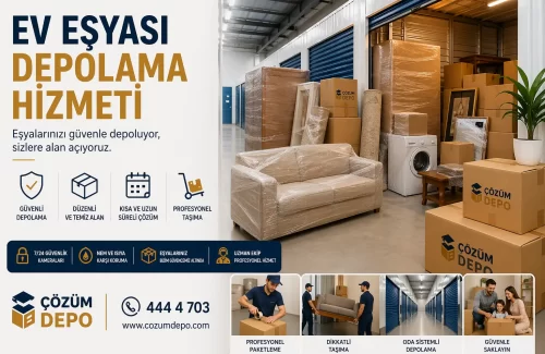 Çözüm Depo ev eşyası depolama hizmeti için güvenli depoda paketlenmiş mobilya, beyaz eşya, koli ve ev eşyaları