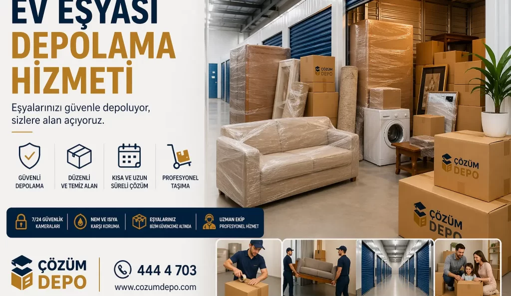 Çözüm Depo ev eşyası depolama hizmeti için güvenli depoda paketlenmiş mobilya, beyaz eşya, koli ve ev eşyaları