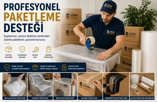 Çözüm Depo profesyonel paketleme desteği ile mobilya, beyaz eşya, kırılacak eşya ve kolilerin taşıma ve depolama öncesi güvenli şekilde paketlenmesi